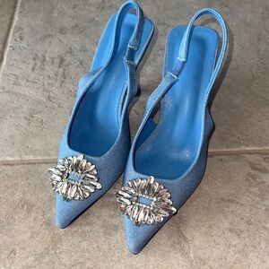Zara Light Blue Satin Pointed Slingback Heels with Crystal Brooch